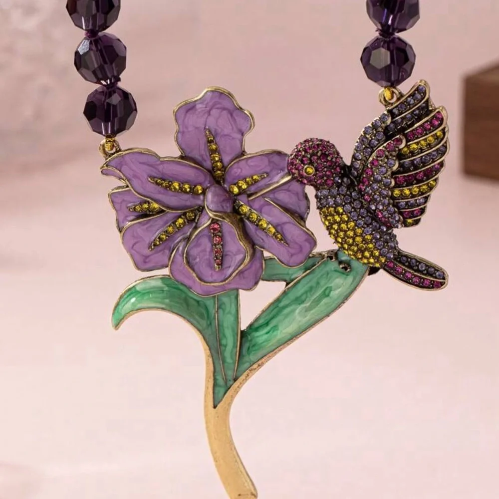 Hummingbird Colorful Rhinestone Enamel Necklace Purple Bead Large Flower NEW